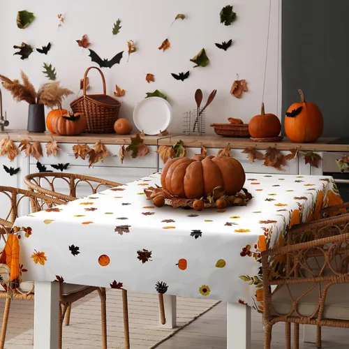 Vista 6 de Peryiter 4 manteles de otoño de Acción de Gracias, de 54 x 108 pulgadas, desechables, de plástico, rectangular, de plástico, con calabaza, cubierta