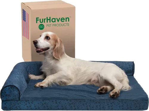 Vista 18 de Furhaven - Cama para perro de espuma viscoelástica, estilo diván en forma de L, de felpa y estampado de almendras, almendras azules, talla jumbo