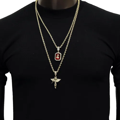 Vista 6 de Conjunto cadena estilo cordón D463 de 24" y 30" y colgante estilo Hip-Hop de CZ, conjunto de rubí colgante y ángel dorados para hombre