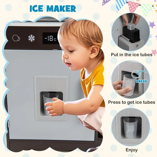 Vista 7 de Costzon Juego de cocina esquinera para niños, juego de cocina de juguete de madera con campana extractora de luces y sonidos, máquina de hielo
