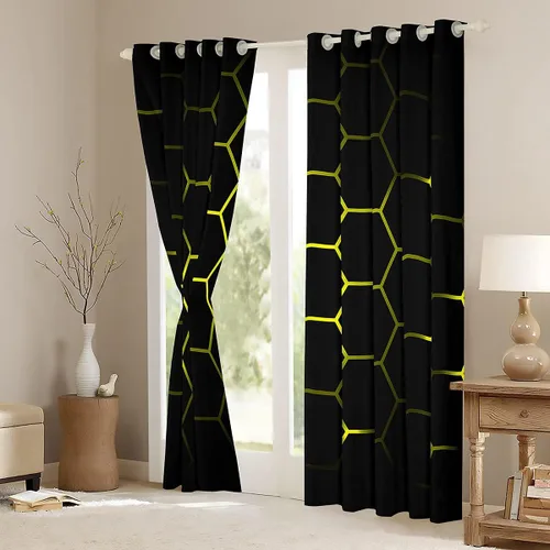Vista 3 de Cortinas hexagonales amarillas y negras para ventana para dormitorio, sala de estar, niños, adolescentes, decoración de panal de abeja, cortinas