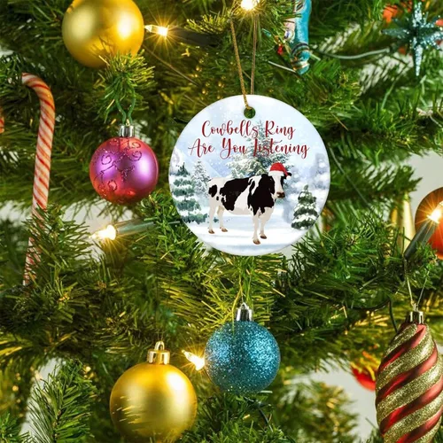 Vista 5 de Adorno redondo de cerámica de 3 pulgadas con diseño de campanillas de recuerdo de animales y vacas, colgante de árbol de nieve para adornos de árbol