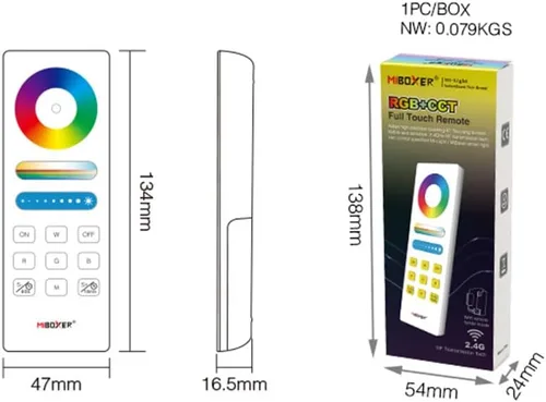 Vista 4 de FUT088, control remoto de tira LED RGB+CCT, Full Touch, conectividad 2.4G, 98.4 ft, rango de 98.4 pies, compatible con MiBoxer, controladores