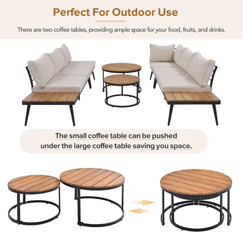 Vista 5 de RUNNA Moderno juego de muebles para exteriores, juego de sofá modular de 6 piezas con mesas de centro redondas anidables y sofá de asiento, juego