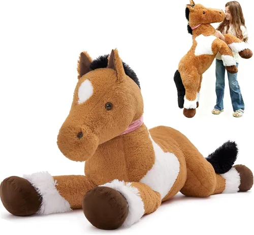 Vista 16 de Tezituor Animales de peluche gigantes de caballo negro de 47 pulgadas, poni de peluche grande realista de 4 pies para niños y niñas, almohada