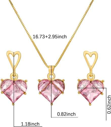 Vista 4 de Juego de 2 collares de corazón rosa, anillos de corazón para mujer, juego de collar rosa, aretes de collar rosa, collar de cadena de clavícula