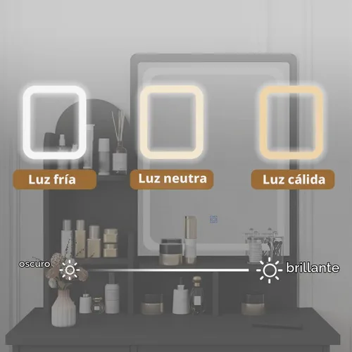 Vista 2 de Tocador con silla, tocador con espejo rectangular iluminado, 5 cajones y estantes, juego de tocador de maquillaje con almacenamiento