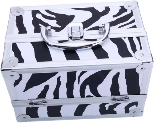 Vista 8 de Caja de tren de maquillaje de aluminio ligero, joyero, organizador de cosméticos con espejo (9.06 x 5.91 x 5.91) (largo x ancho x alto) cebra