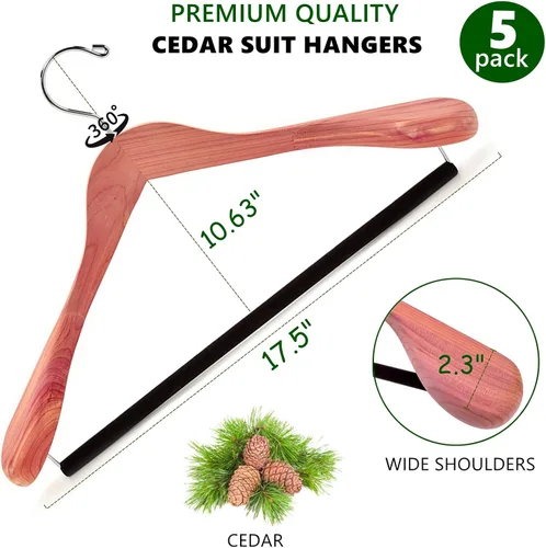 Vista 2 de Amber Home Paquete de 5 perchas de cedro para trajes con hombro extra ancho, perchas de madera para abrigos y chaquetas, perchas de cedro natural