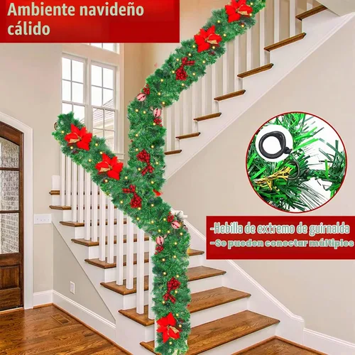 Vista 7 de Guirnalda de Navidad de 2,7 m con 100 luces, funciona con pilas, guirnaldas artificiales preiluminadas con bolas rojas, conos de pino, ramas