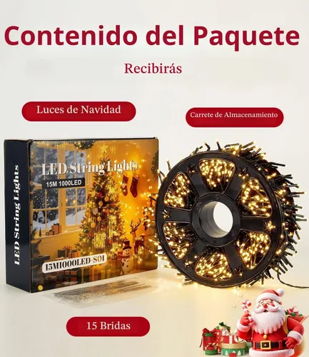 Vista 7 de Tira de luces de Navidad de 1000 LED de color blanco cálido de 49 pies para exteriores, con 8 modos, impermeable IP44, enchufable, para árbol