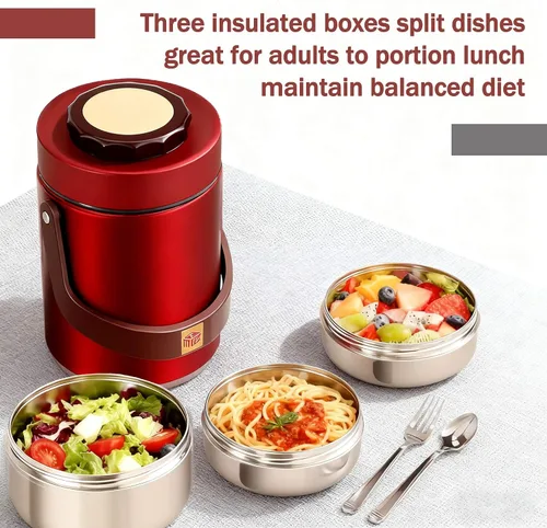 Vista 6 de Contenedor de comida aislado al vacío de 67 onzas para alimentos calientes, termo de alimentos apilable sellado de 3 niveles, lonchera térmica