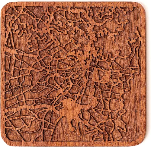 Vista 50 de Posavasos Amsterdam Map by O3 Design Studio, 1 pieza, posavasos de madera Sapele con mapa de la ciudad, hecho a mano, varias ciudades opcionales