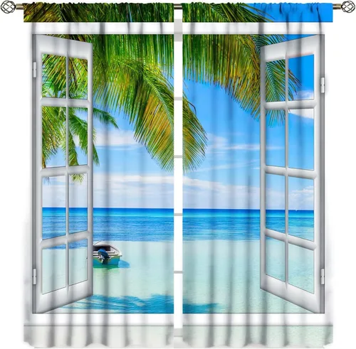 Vista 13 de Cortinas opacas para dormitorio con temática de vacaciones en la playa, palmeras, estilo verano, con bolsillo para barra, para sala de estar