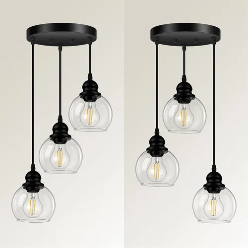 Vista 2 de Lámpara colgante de 3 luces, lámpara de techo colgante con pantalla de vidrio transparente, color negro mate, iluminación colgante de altura