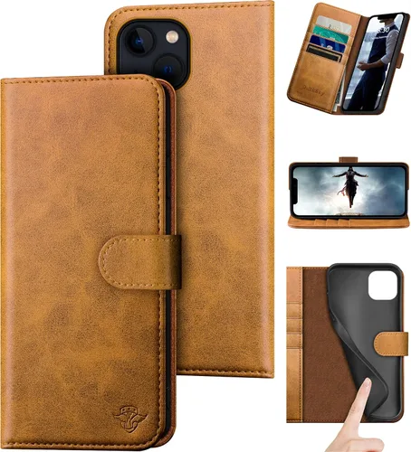 Vista 14 de DuckSky Funda tipo cartera de piel auténtica para iPhone 14 de 6.1 pulgadas con bloqueo RFID, 4 tarjeteros de crédito. Cuero auténtico. Funda