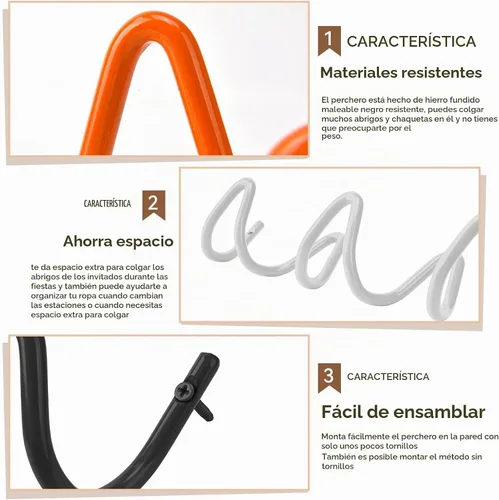Vista 6 de Perchero de Pared con Montaje en Pared, Ganchos de Pared Creativos con Capacidad de 20KG, Fácil Instalación, Ganchos Multiusos para Abrigo, Negro