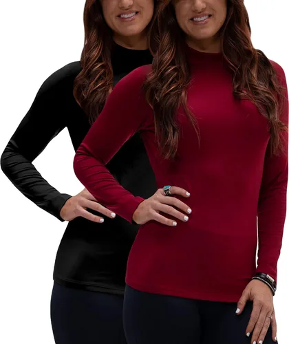 Vista 13 de DEVOPS Paquete de 2 camisetas térmicas de cuello alto de manga larga de compresión para mujer capa base negro / negro