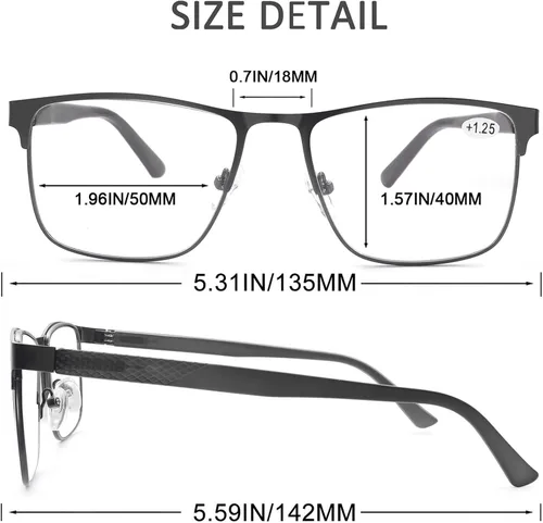 Vista 3 de Gafas de lectura para hombre, bloqueo de luz azul, lentes cuadrados de metal con bisagra de resorte, paquete de 3 unidades, anti rayos azules