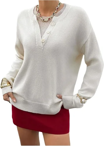 Vista 8 de SOLY HUX Suéteres Pullover para Mujer de Manga Larga con Botones Cuello Redondo 2 en 1 Tops de Punto Holgados Albaricoque puro