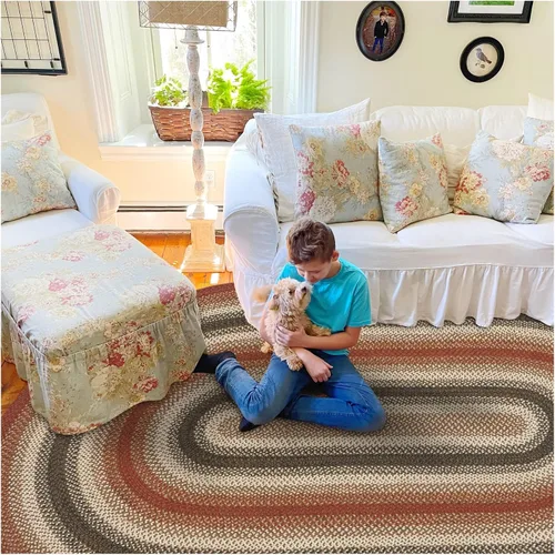 Vista 78 de Homespice Apple Pie - Alfombra ovalada roja de 2 x 3 pies, alfombra de cocina trenzada para decoración primitiva y rústica, reversible, yute sin