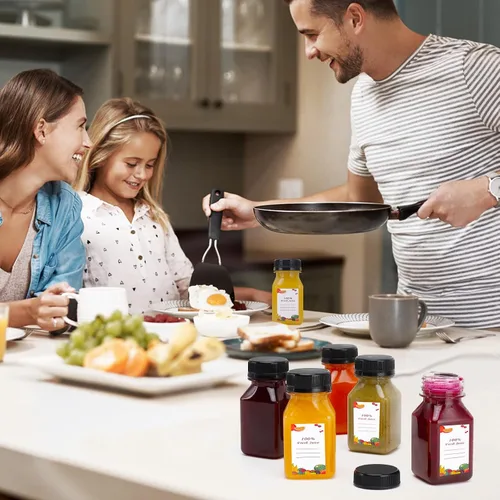 Vista 5 de OBKJJ 80 unidades de botellas de jugo de 4 onzas, botellas de jugo con tapas reutilizables, botellas vacías transparentes con etiqueta, embudo