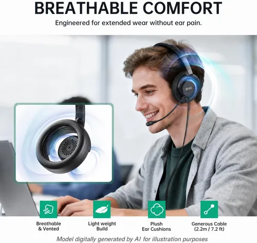 Vista 2 de EKSA H27 Auriculares USB para computadora con micrófono para trabajo, auriculares de PC con micrófono de cancelación de ruido, auriculares con cable