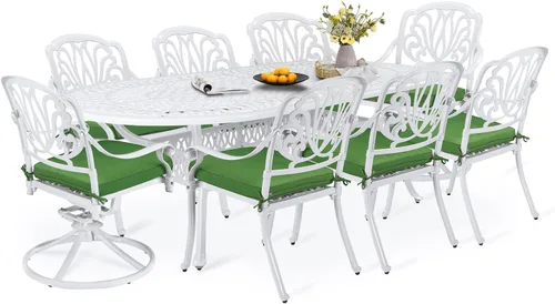 Vista 19 de Juego de comedor de patio de 9 piezas, mesa y sillas de patio al aire libre, mesa de comedor ovalada de aluminio fundido de 84 pulgadas con agujero