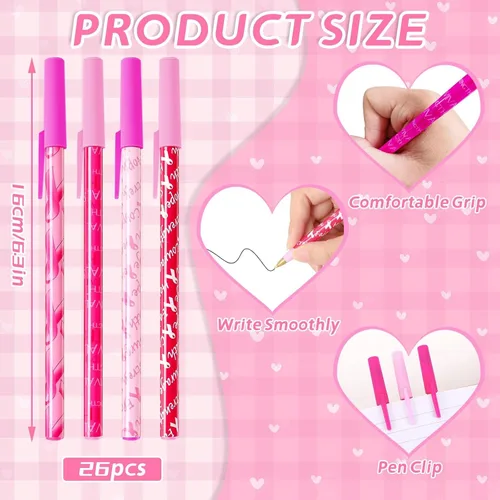 Vista 2 de JANYUN Bolígrafos de cinta rosa, accesorios para concientización sobre el cáncer de mama, 26 bolígrafos de gel rosa de tinta negra, bolígrafos a