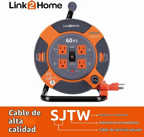 Vista 3 de Link2Home Carrete de cable de extensión de 60 pies, 4 tomas de corriente, cable SJTW de 14 AWG, cable de alimentación resistente de alta visibilidad.