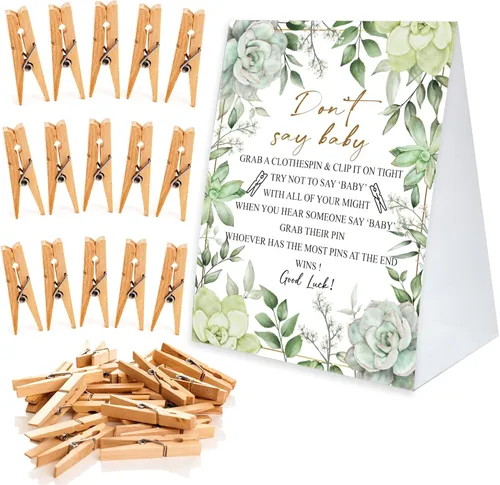 Vista 5 de Juego de pinzas para la ropa de baby shower, un cartel de papel recubierto de 5 x 7 pulgadas y 50 pinzas naturales para la ropa, baby shower