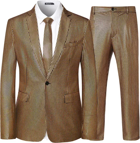 Vista 2 de WULFUL Traje de discoteca de 2 piezas para hombre, disfraz de los años 70, chaqueta y pantalones de lentejuelas para fiesta de Halloween, trajes