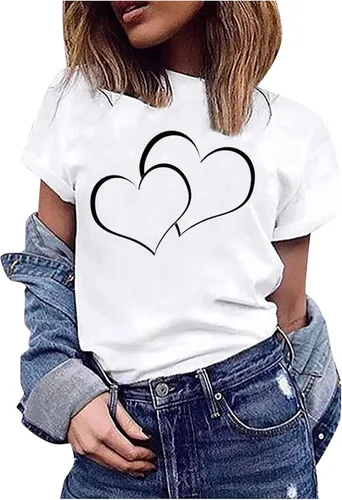 Vista 2 de Camiseta de manga corta con estampado de corazón para mujer, diseño de corazón y cuello redondo, camiseta de moda 2024