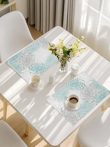 Vista 7 de Juego de 4 manteles individuales para mesa de comedor, diseño de crisantemo, color aguamarina, lino de algodón, impermeable, fácil de limpiar