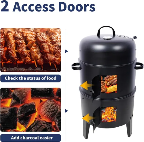 Vista 7 de Ahumador vertical de carbón de 16 pulgadas, mini parrilla de barbacoa, hoguera, 3 en 1 con termómetro integrado, ventilación de aire ajustable