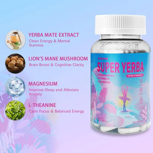 Vista 3 de Zooone Super Yerba Mate Cápsulas - Fórmula de cerebro de yerba con melena de león, salud intestinal, enfoque, memoria, suplemento energético