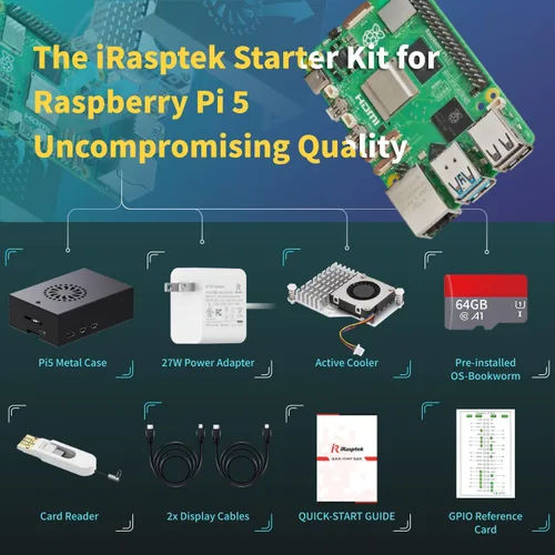 Vista 4 de iRasptek Kit de inicio para Raspberry Pi 5 RAM 8GB-64GB Edición de OS-Bookworm precargado (caja de aluminio)