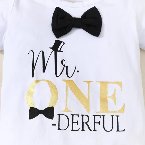 Vista 4 de Conjunto divertido de ropa de primer cumpleaños para bebé niño, con corbatín y estampado de dinosaurio, conjunto de pantalones con tirantes