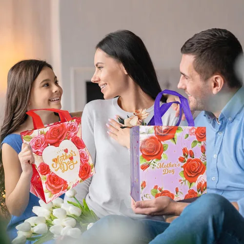 Vista 5 de HADDIY Bolsas de regalo para el Día de la Madre con asas, 16 bolsas de dulces florales no tejidas a granel para envoltura de regalos y recuerdo