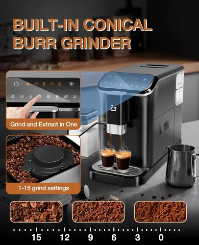 Vista 5 de GarveeTech Máquina de café expreso totalmente automática, máquina de café y café con espumador de leche automático, molinillo de granos espresso