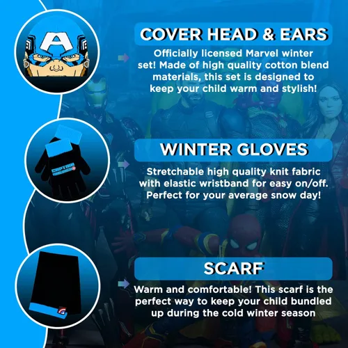 Vista 2 de Marvel Avengers - Juego de 3 pañuelos y guantes de nieve para niños, suave y cálido gorro con pompones, bonito uso al aire libre para niños y niños