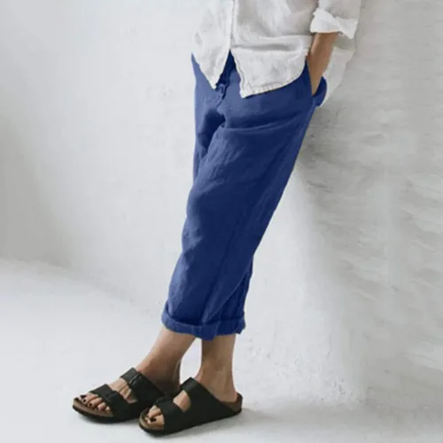 Vista 3 de JOFOW Pantalones para mujer de lino sólido Casual largo recto pierna pantalones