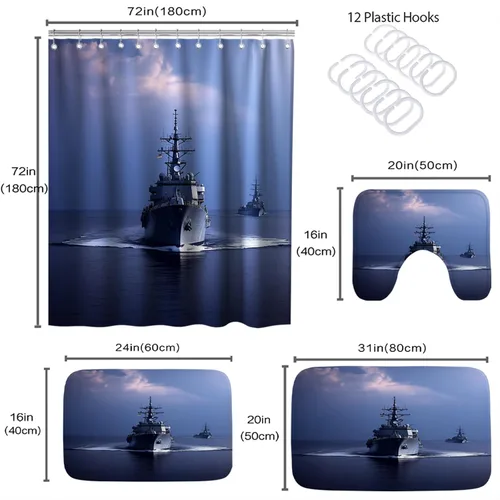 Vista 3 de Cool Modern - Juego de portaaviones para niños con cortina de ducha náutica militar y alfombras de 20 x 31 pulgadas, accesorios de baño, decoración