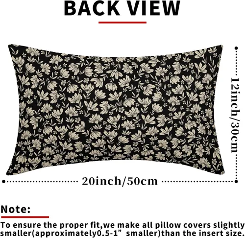 Vista 3 de Juego de 2 fundas de almohada lumbares con estampado de bloques florales de margaritas negras y marrones de 12 x 20 pulgadas, fundas de almohada