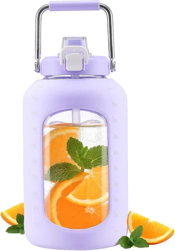 Vista 9 de WINSA - Botella de agua de vidrio de 84 onzas con pajita, 2.5 litros, ámbar Botella de beber de galón, con asa, funda de silicona para deportes