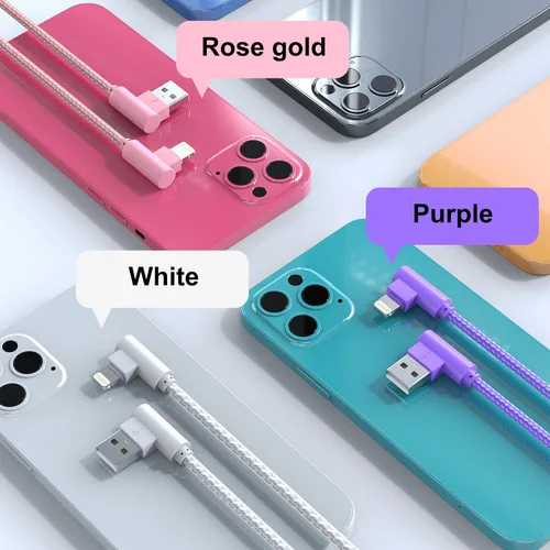 Vista 2 de Cargador para iPhone, 3 unidades de 10 pies, cables USB A a Lightning de 90 grados, certificado MFi, cable de carga rápida trenzado de nailon