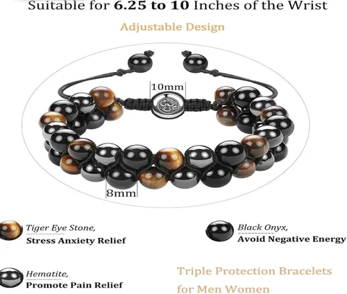 Vista 7 de Pulsera de triple protección, ojo de tigre genuino, obsidiana negra y hematita de 0.315 in, pulsera de cuentas para hombres y mujeres, pulseras