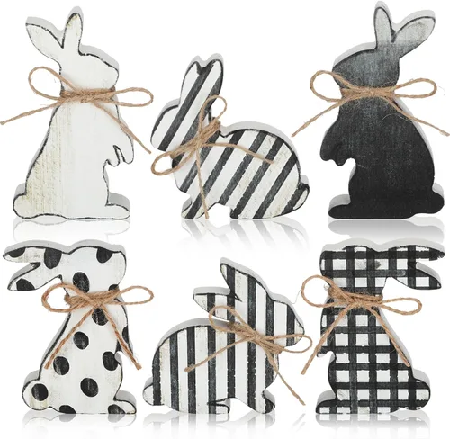 Vista 8 de Bememo 6 piezas de decoración de mesa de Pascua de conejo blanco, letreros de madera para centro de mesa, bandeja escalonada de Pascua, decoración