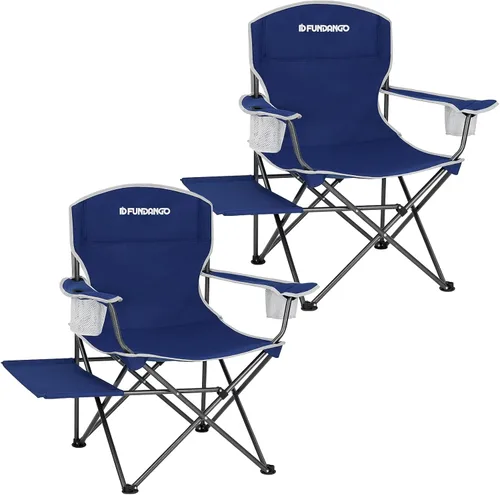 Vista 8 de FUNDANGO Silla de camping acolchada plegable, portátil con respaldo completo para exteriores, con soporte para tazas y mesa auxiliar, bolsillo Negro