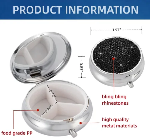 Vista 7 de Organizador de pastillas 3 veces al día, caja de pastillas de metal para el bolso, fundas de pastillas para medicamentos, soporte para vitaminas
